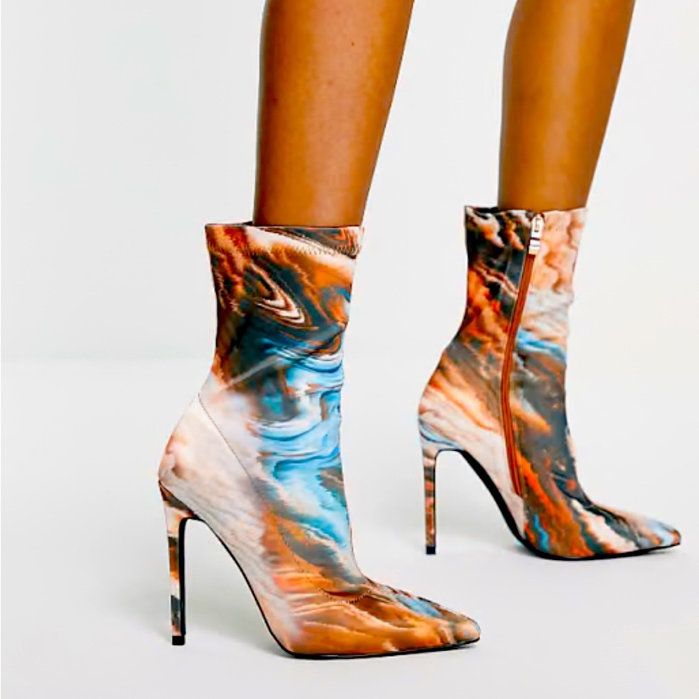 Simmi London REX ORANGE MARBLE PRINT POINTED TOE ANKLE BOOTS - Sz. 9